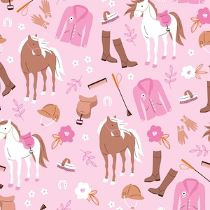 Pink Horseback Riding Fabric, Equestrian Fabric, Fabric by the Yard, Little Smilemakers, Quilt Fabric, Broadcloth, Canvas, Sateen, Minky