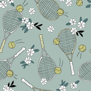 Green Tennis Racket Floral Fabric, Fabric by the Yard, Sports Fabric, Little Smile Makers, Quilting Cotton, Sateen, Canvas, Broadcloth