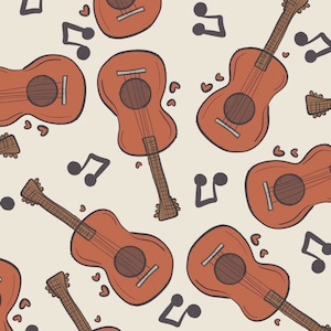 Op de afbeelding: Een naadloos patroon met bruine akoestische gitaren met muzieknoten en harten op een licht beige achtergrond.