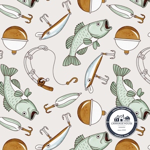 Tela de aparejos de pesca, estampado de cañas de pescar, Julie Storie Design