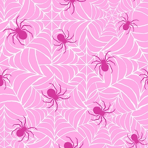 Könnte beinhalten: Ein nahtloses Muster mit pinkfarbenen Spinnen auf einem pinkfarbenen Hintergrund mit weißen Spinnennetzen.