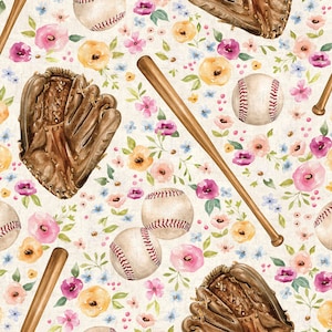 Baseball Floral Fabric, Fabric by the Yard, Sports Fabric, Cate & Rainn, Quilting Cotton, Knit Fabric, French Terry, Bamboo, Swim Fabric