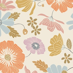 Floral fabric by the yard, Spring, Yellow, Pink, Light blue, Purple, Flower fabric, Swim, Quilting fabric, Bamboo, Linen, Knit, Erin Kendal