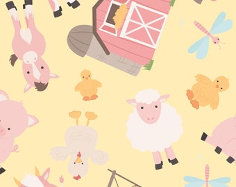 Yellow Farm Animal Fabric, Fabric by the Yard, Barn Fabric, Tori Egeler, Quilting Cotton, Apron Fabric, Knit Fabric, Organic Cotton, Canvas