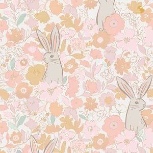 Rabbit Floral Fabric, Fabric by the Yard, Easter Spring Fabric, Wildflower Lane, Quilting Cotton, Knit Fabric, Canvas, Jersey, French Terry