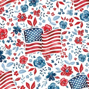 American Flag Floral Fabric, Patriotic Fabric, Fabric by the Yard, 4th of July, Cate and Rainn, Quilting Cotton, Knit Fabric, Spandex
