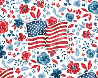 American Flag Floral Fabric, Patriotic Fabric, Fabric by the Yard, 4th of July, Cate and Rainn, Quilting Cotton, Knit Fabric, Spandex