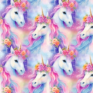 May include: A repeating pattern of white unicorns with golden horns, adorned with floral crowns and flowing pink and purple manes. The background features a soft blend of pastel colors, creating a whimsical and enchanting design.