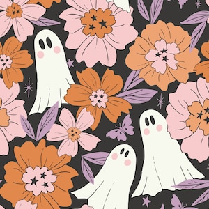 Grijze spookbloemenstof, stof op maat gesneden, halloweenstof, jeneverbesrij, quiltkatoen, bamboe, jersey, katoenspandex, french terry