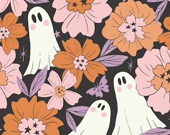 Gray Ghost Floral Fabric, Fabric by the Yard, Halloween Fabric, Juniper Row, Quilting Cotton, Bamboo, Jersey, Cotton Spandex, French Terry