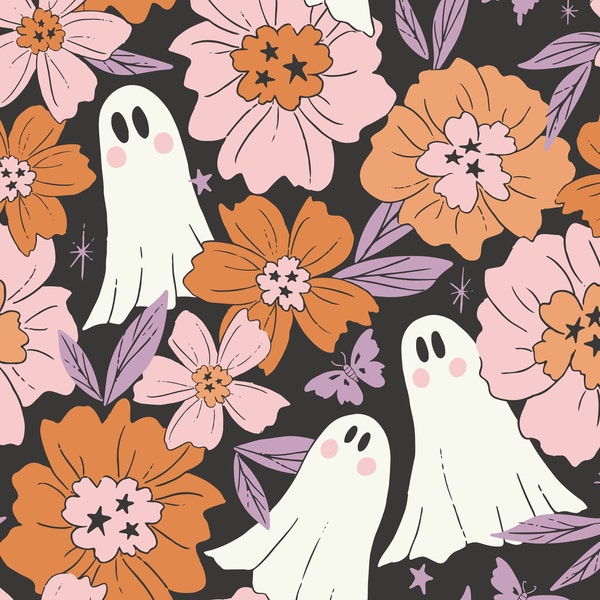 Tissu floral gris fantôme, tissu par mètre, tissu d'Halloween, rang de genévrier, coton à courtepointe, bambou, jersey, coton élasthanne, French Terry