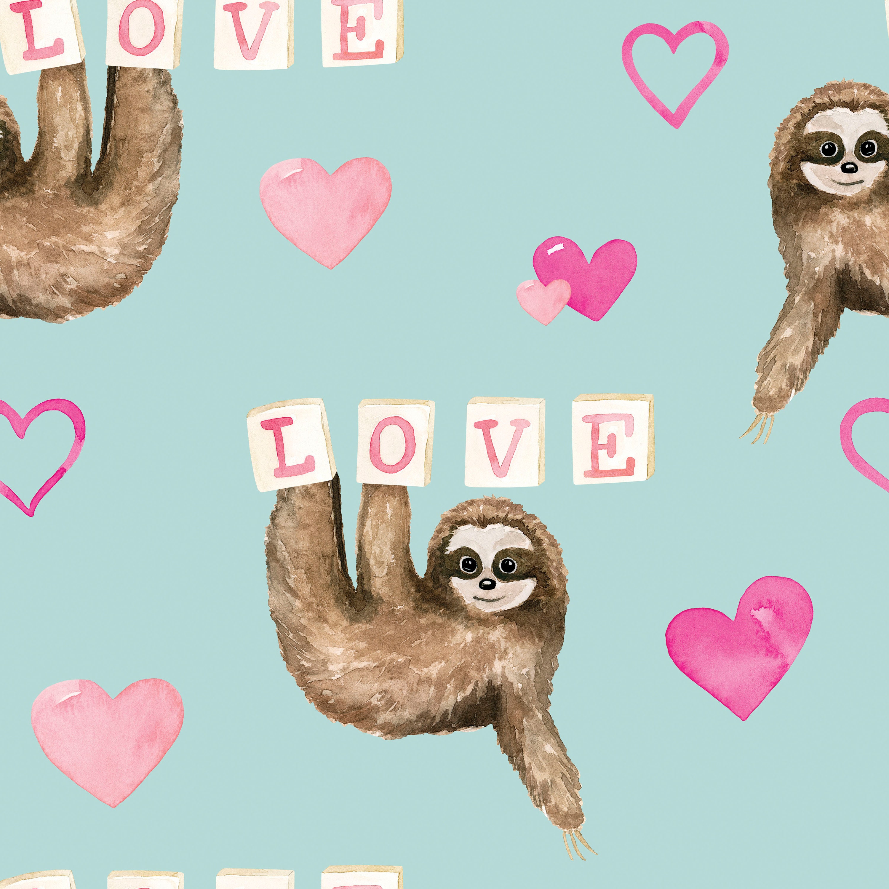 Sloth Fabric Stoff Baumwolle Faultier Valentine's Aquarell Faultier,  Faultier Stoff, Stoff-Bulk-Lager