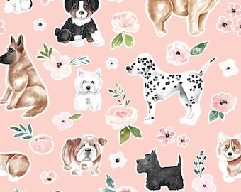 Light Pink Dog Fabric, Puppy Boutique, Fabric by the Yard, Cate and Rainn, Quilting Cotton, Canvas, Spandex, Bamboo, Jersey, French Terry