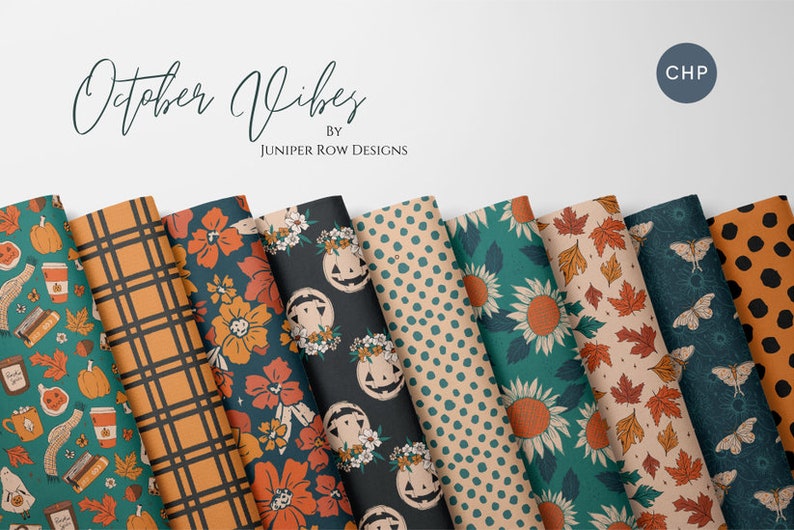 May include: A set of 10 digital paper patterns featuring autumnal themes, including pumpkins, leaves, sunflowers, and plaid. The patterns are in shades of orange, brown, green, and teal.