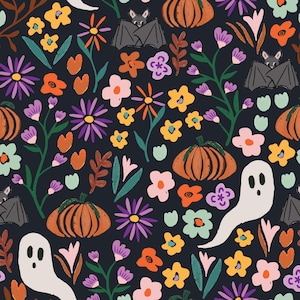 Halloween Floral Fabric, Ghost and Bat Fabric, Fabric by the Yard, Vivie and Ash, Quilting Cotton, Bamboo, Jersey, Canvas, French Terry
