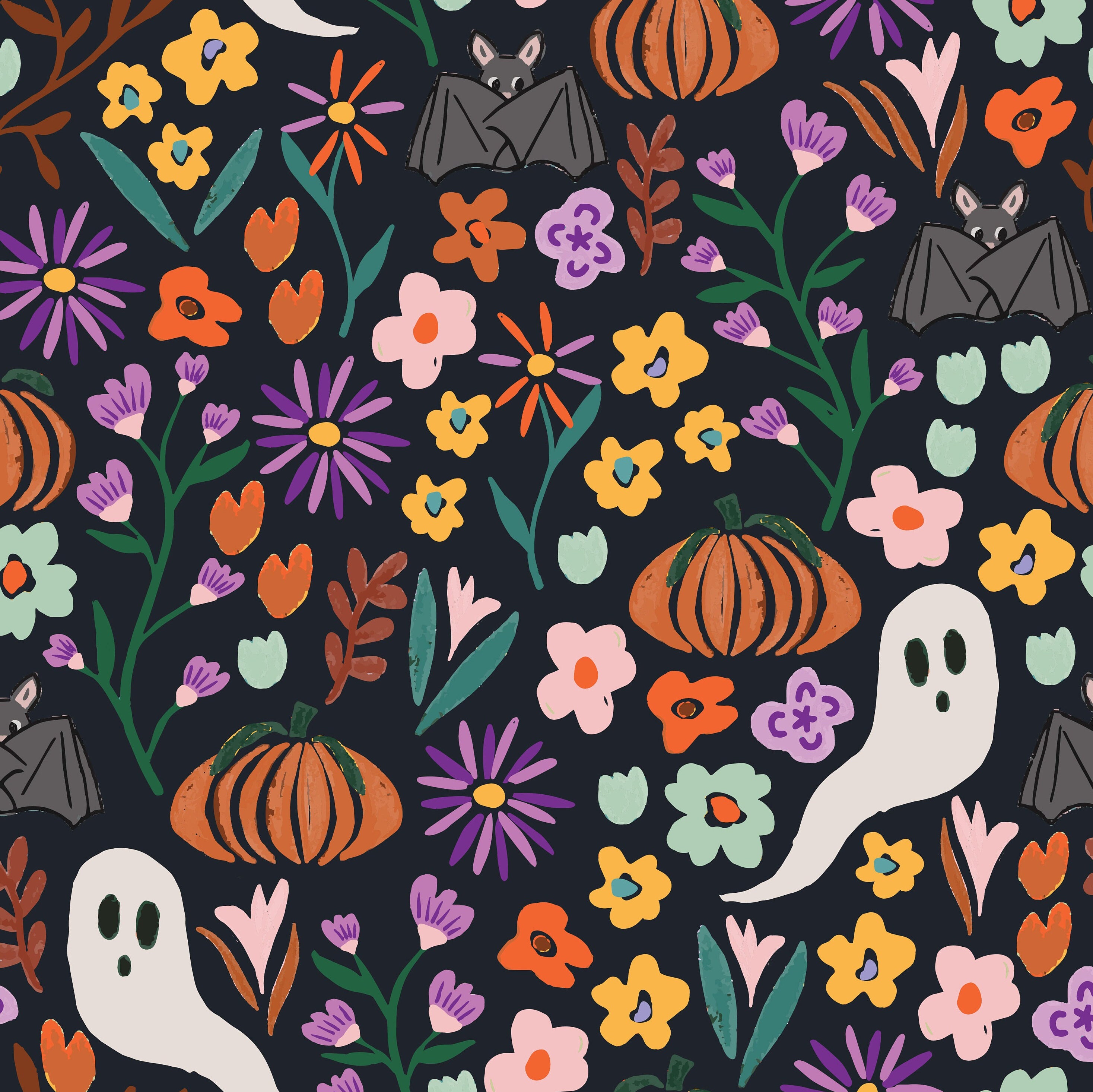 Halloween Floral Fabric, Ghost and Bat Fabric, Fabric by the Yard, Vivie and Ash, Quilting Cotton, Bamboo, Jersey, Canvas, French Terry