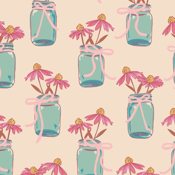 Floral Mason Jar Fabric, Fabric by the Yard, Juniper Row, Quilting Cotton, Bamboo, Canvas, Ribbed Knit, French Terry, Swim Fabric, Jersey