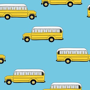 Blue School Bus Fabric, Fabric by the Yard, Back to School Fabric, Little Smilemakers, Quilting Cotton, Jersey, Spandex, Sateen, Broadcloth