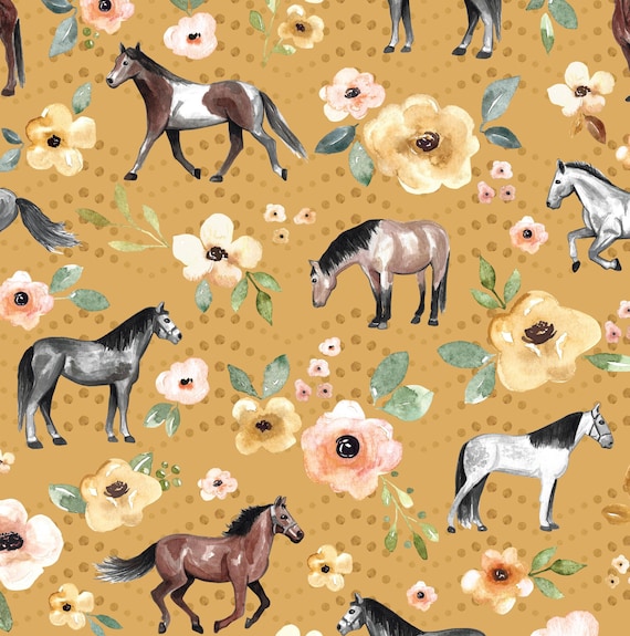 Senfgelber Pferde Stoff, Pferde Blumen Stoff, Meterware, Cate