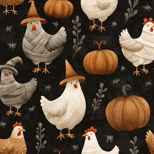 Halloween Chicken Fabric, Witch Chicken Fabric, Fabric by the Yard, Tori Egeler, Quilting Cotton, Canvas, Broadcloth, Minky, Sateen