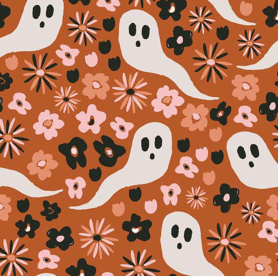 Rost Orange Gespenst Blumen Stoff, Stoff Bulk Lager, Halloween
