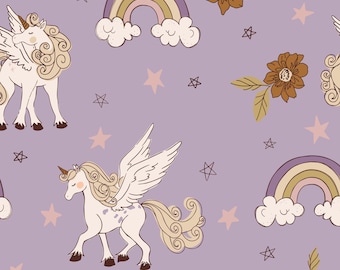 Tela de unicornio morado, tela de unicornio arcoíris, tela cortada a medida, Juniper Row, algodón para acolchado, paño fino, satén, lona, minky, jersey