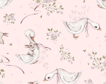 Baby Pink Goose Fabric, Geese Fabric, Fabric by the Yard, Pooky's World, Goose Quilt Fabric, Broadcloth, Canvas, Minky, Knit Fabric, Sateen