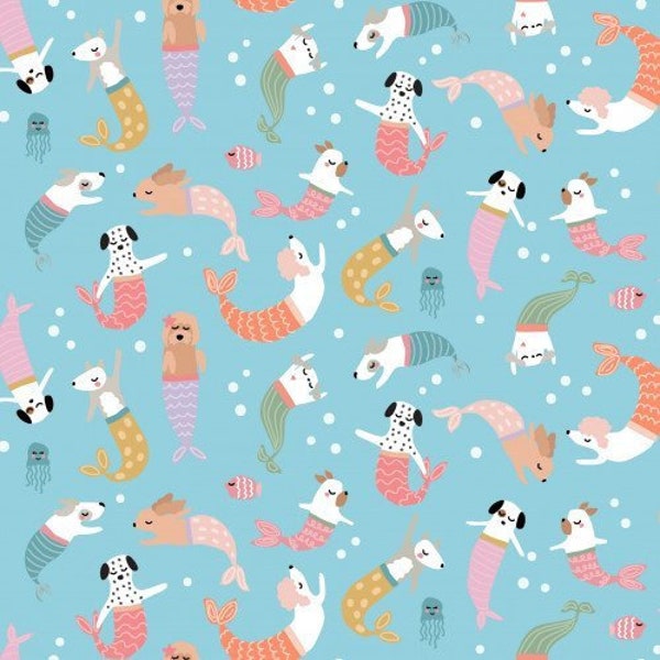 Mermaid Puppy Fabric, Fabric by the Yard, Mermaid Dog Fabric, Swim Fabric, Boardshort Fabric, Bamboo, Jersey, Quilting Cotton, Summer Fabric