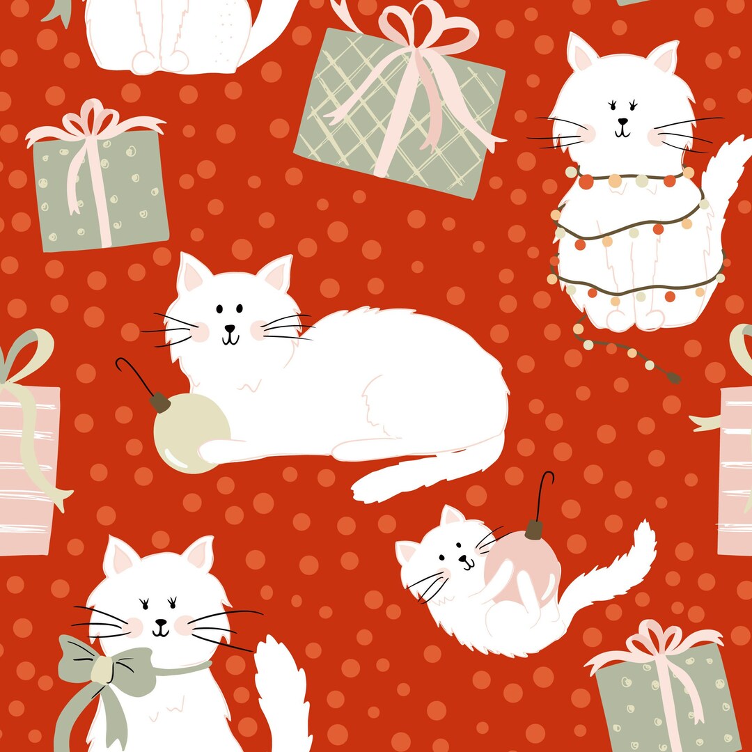 Red Christmas Cat Fabric, Christmas Kitty Fabric, Fabric by the Yard