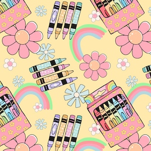 School Supply Rainbow Fabric, Back to School, Crayon Fabric, Fabric by the Yard, Tori Egeler, Quilting Cotton, Knit Fabric, Canvas, Rib Knit