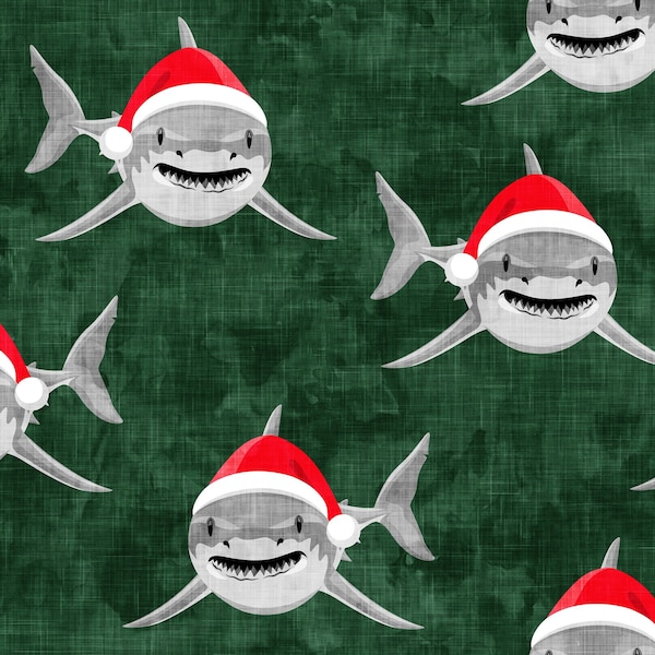 Green Santa Shark Fabric, Christmas Fabric, Fabric by the Yard, Little Arrow, Quilting Cotton, Knit Fabric, Canvas, Bamboo, Fat Quarter