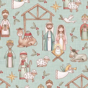 Blue Nativity Scene Fabric, Religious Christmas Fabric, Fabric by the Yard, Krystal Winn, Quilting Cotton, Sateen, Canvas, Minky, Knits
