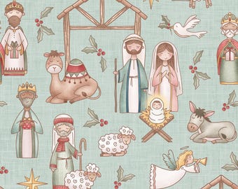 Blue Nativity Scene Fabric, Religious Christmas Fabric, Fabric by the Yard, Krystal Winn, Quilting Cotton, Sateen, Canvas, Minky, Knits
