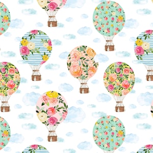Hot Air Balloon Fabric, Fabric by the Yard, Floral Hot Air Balloon, Quilting Cotton, Canvas, Broadcloth, Fat Quarter, Sateen, Jersey, Bamboo