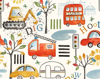 May include: Watercolor illustration featuring a repeating pattern of vehicles and city elements. Includes a yellow excavator, red fire truck, orange double-decker bus, and yellow car. The design incorporates trees, butterflies, and the words "Toot", "Dig", "Hoot", and "Neenaw".