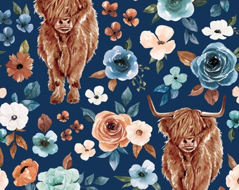 May include: A repeating pattern featuring watercolor illustrations of Highland cows and floral arrangements. The design includes brown, blue, peach, and white flowers with green leaves on a navy blue background.
