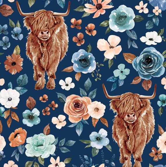 Blue Highland Cow Fabric, Rust and Royal, Fabric by the Yard, Cate & Rainn,  Quilting Cotton, Broadcloth, Canvas, Sateen, Spandex, Bamboo