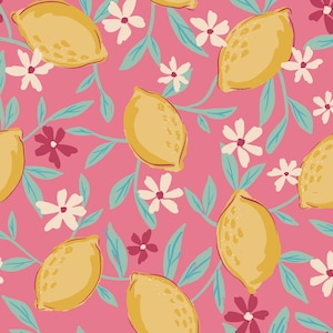 Pink Lemon Floral Fabric, Fabric by the Yard, Citrus, Juniper Row, Custom Fabric, Swim Fabric, Boardshort, Quilting Cotton, Canvas, Bamboo