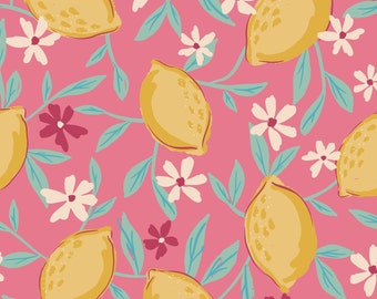 Pink Lemon Floral Fabric, Summer Citrus Print, Juniper Row