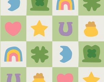 St. Patrick's Day Dambordstof, Klaver, Regenboog, Quiltkatoen, Fat Quarter, Satijn, Jersey, Bamboe, Katoen Spandex, French Terry