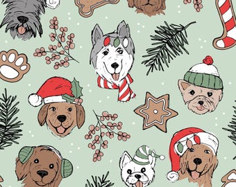 Grüner Hunde Weihnachtsstoff, Weihnachtsstoff, Weihnachtsstoff, Patchworkstoff, Patchworkstoff, Baumwollstoff, Canvas, Quilting, Minky
