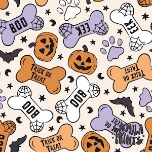 Może przedstawiać: Wzór bez szwów z pomarańczowymi i białymi kształtami kości psa z napisami "Trick or Treat", "Boo" i "Eek". Są też pomarańczowe dynie w kształcie jack-o'-lantern, nietoperze, gwiazdki i odciski łap.