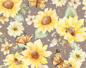 Butterfly Sunflower Fabric, Yellow Floral Fabric, Fabric by the Yard, Autumn River, Quilting Cotton, Broadcloth, Sateen, Minky, Knit Fabric