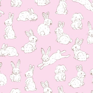 Pink Bunny Fabric, Cute Easter Fabric, Fabric by the Yard, Little Smile Makers, Quilting Cotton, Sateen, Knit Fabric, Canvas, Fat Quarter