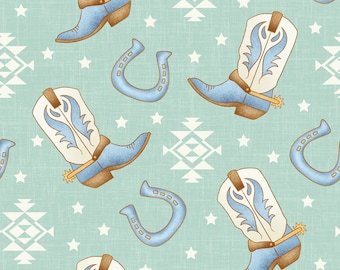 May include: A seamless pattern featuring blue cowboy boots with white accents, gold spurs, and blue horseshoes on a light blue background with white stars and geometric designs.