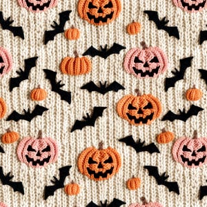 Op de afbeelding: Een herhalend patroon van gehaakte elementen met Halloween-thema. Het ontwerp bevat oranje en roze pompoenen, kleine oranje pompoenen en zwarte vilten vleermuizen op een crèmekleurige gebreide achtergrond. De pompoenen hebben uitgesneden gezichten.