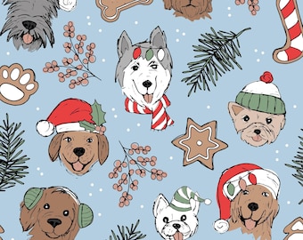 Blauer Weihnachtshund Stoff, Weihnachtsmann Stoff, Stoff Meterware, Little Smilemaker, Quilt Baumwolle, Breitstoff, Satin, Rasen, Leinwand