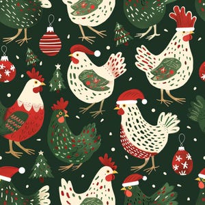 May include: A repeating pattern featuring whimsical chickens in red, green, and white, adorned with Santa hats and Christmas ornaments. The background is a dark green, creating a festive holiday design.