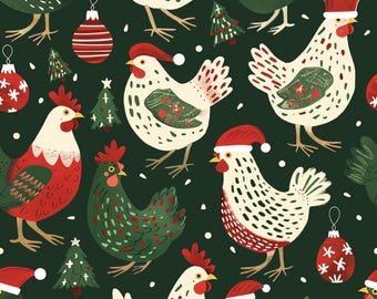 Santa Chicken Fabric, Christmas Chicken Fabric, Fabric by the Yard, Tori Egeler, Quilting Cotton, Sateen, Knit Fabric, Minky, Jersey
