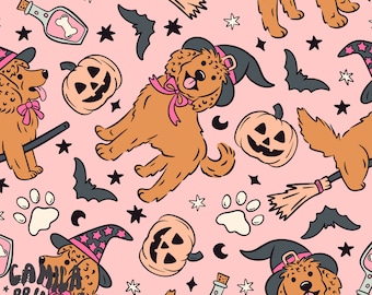 Halloween Dog Fabric, Pink, Fabric by the Yard, Witch Fabric, Camila Prints, Broadcloth, Quilting Cotton, French Terry, Knit Fabric, Canvas